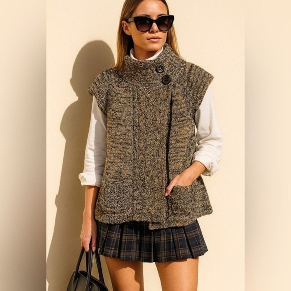 Vintage Y2K Allison Brittney Womens Brown Mock Neck Wrap Front Sweater Vest sz M